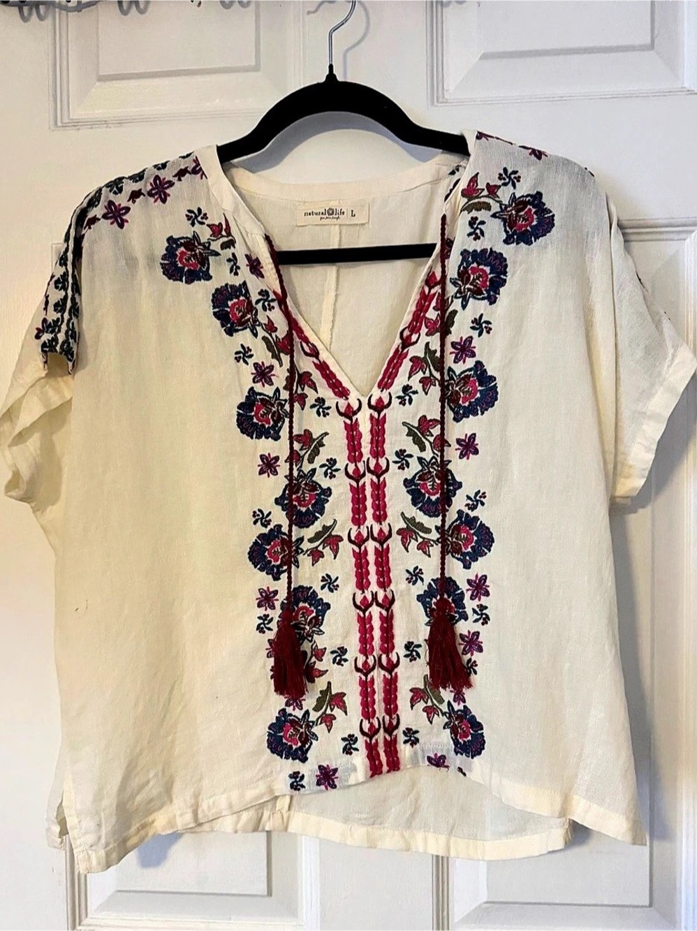 Natural Life Embroidered Floral Cotton Boho Blouse Ivory Large